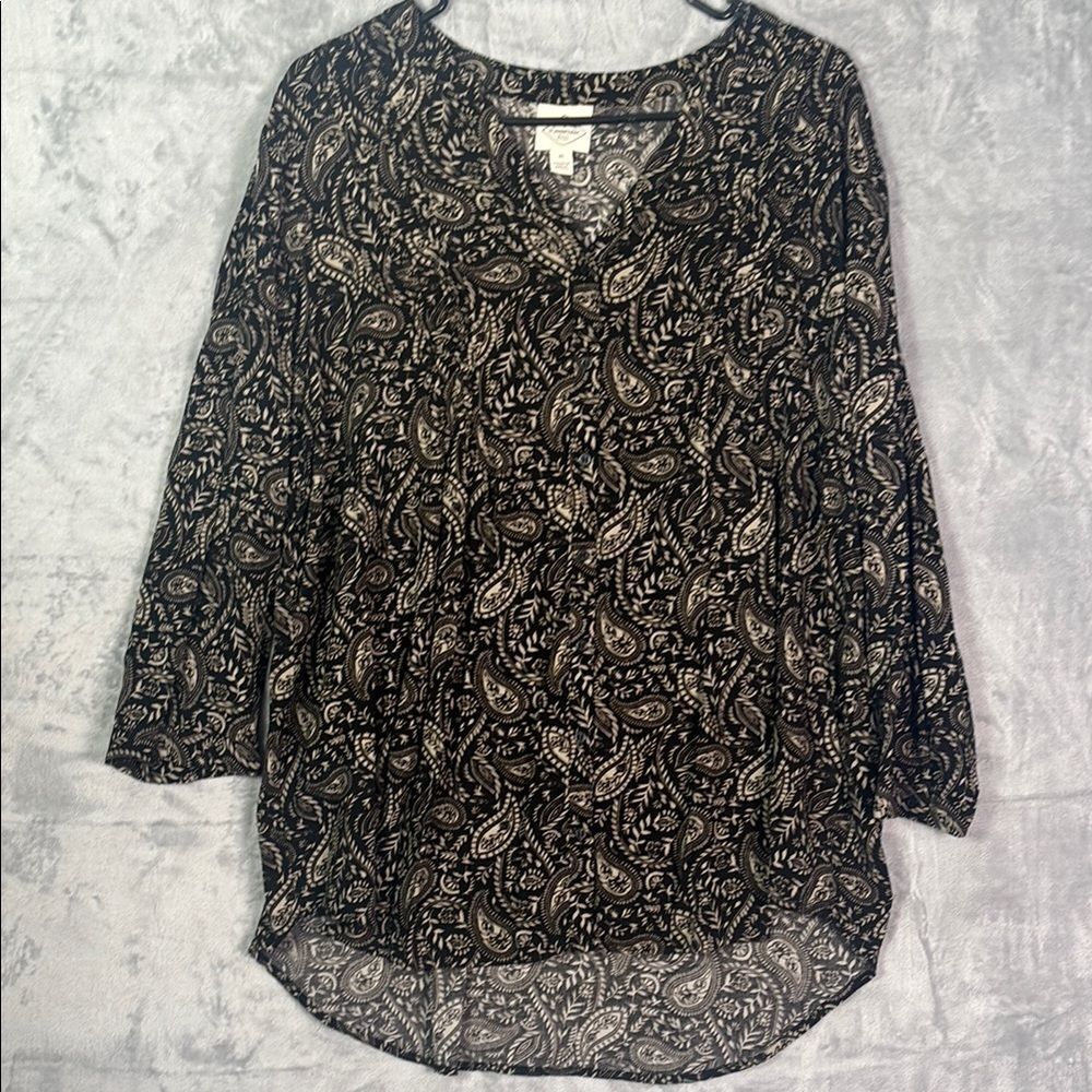St John’s Bay High Low Black Khaki Paisley Button Front 3/4 Sleeve Shirt Size XL
